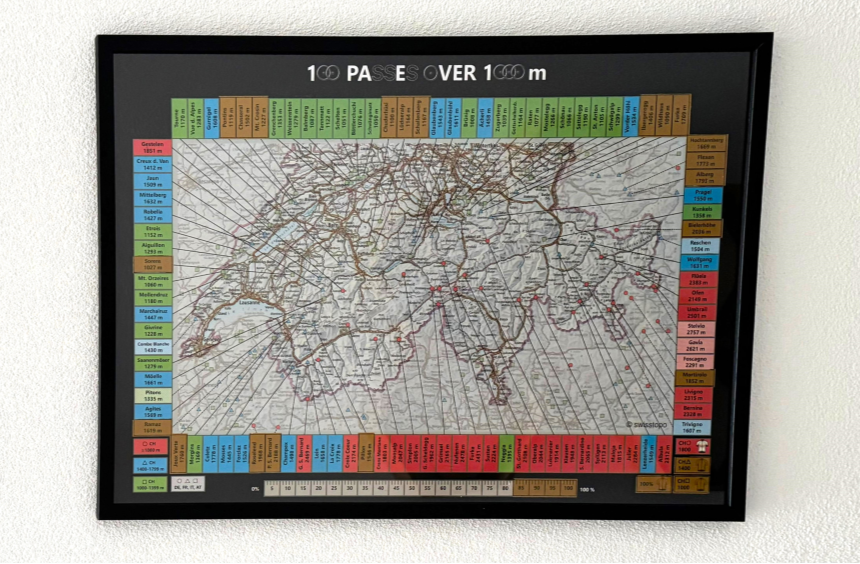 100 Passes Challenge cycling scratch map (frame / poster tube)