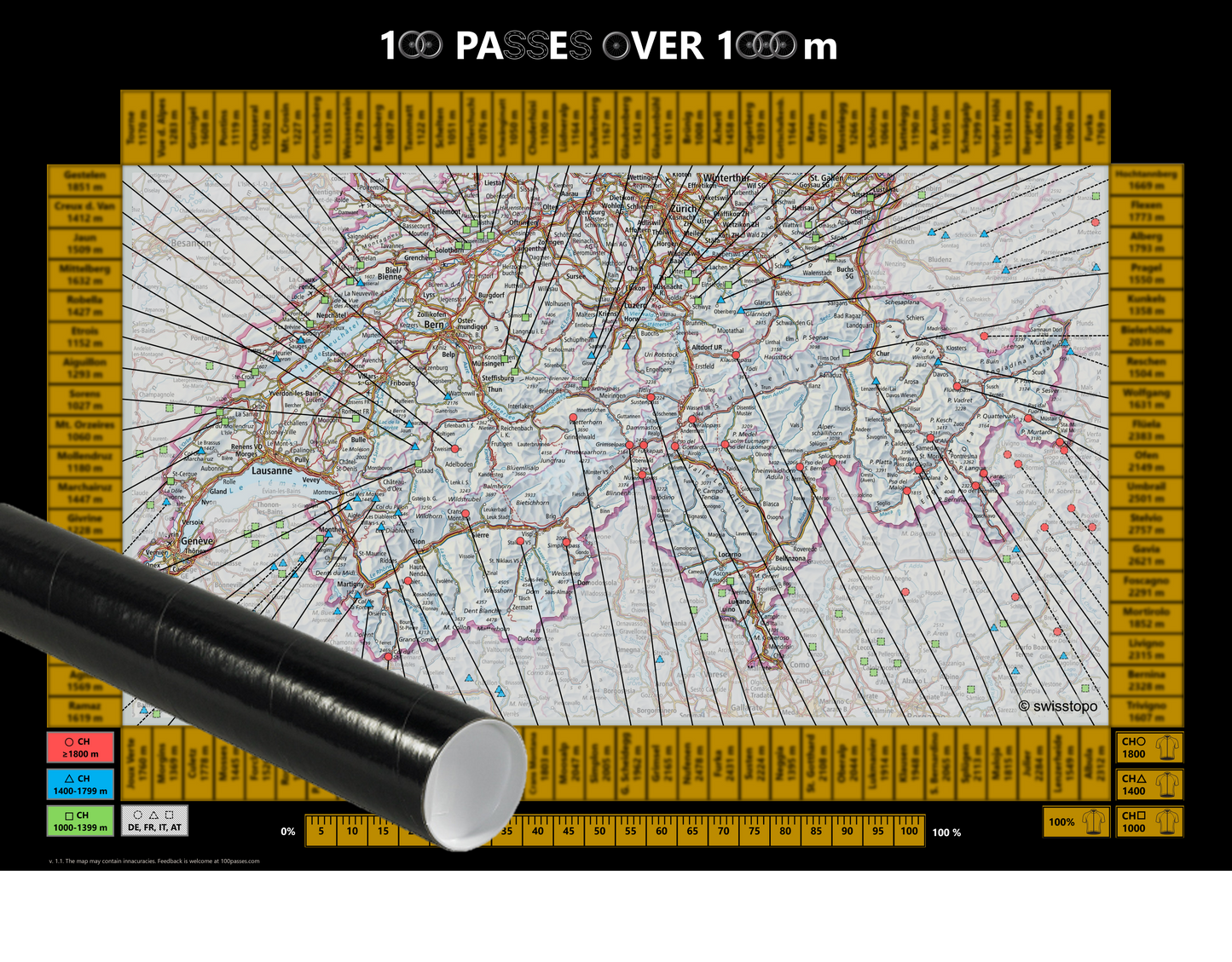 100 Passes Challenge cycling scratch map (frame / poster tube)
