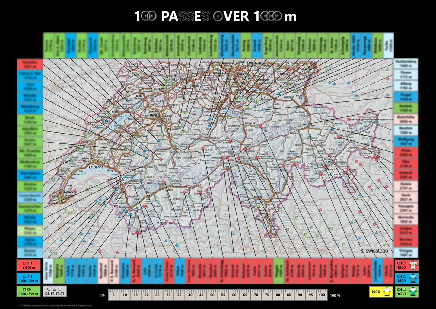 100 Passes Challenge cycling scratch map (frame / poster tube)