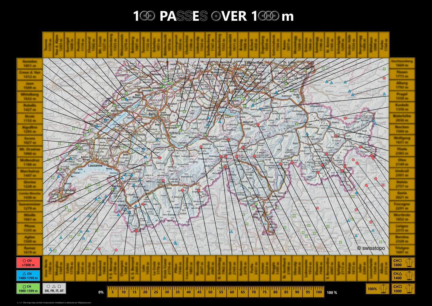 100 Passes Challenge cycling scratch map (frame / poster tube)